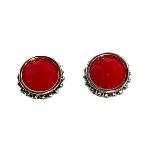 Napier Faceted Red Stone Silver Tone Round Stud Earrings